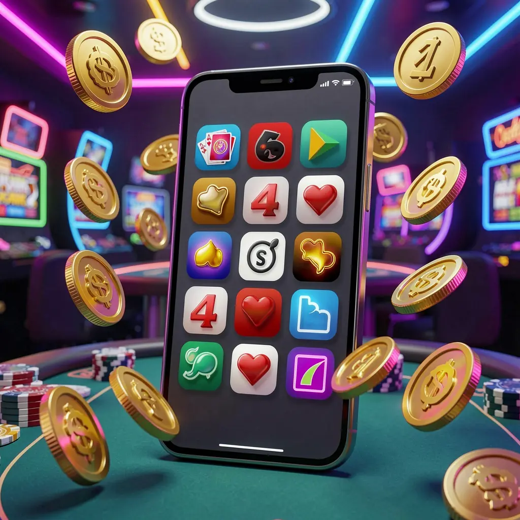 B880 Android casino app concept displayed on a modern phone with app icons, surrounded by golden coins and slot symbols floating in a neon casino atmosphere, realistic 3D render