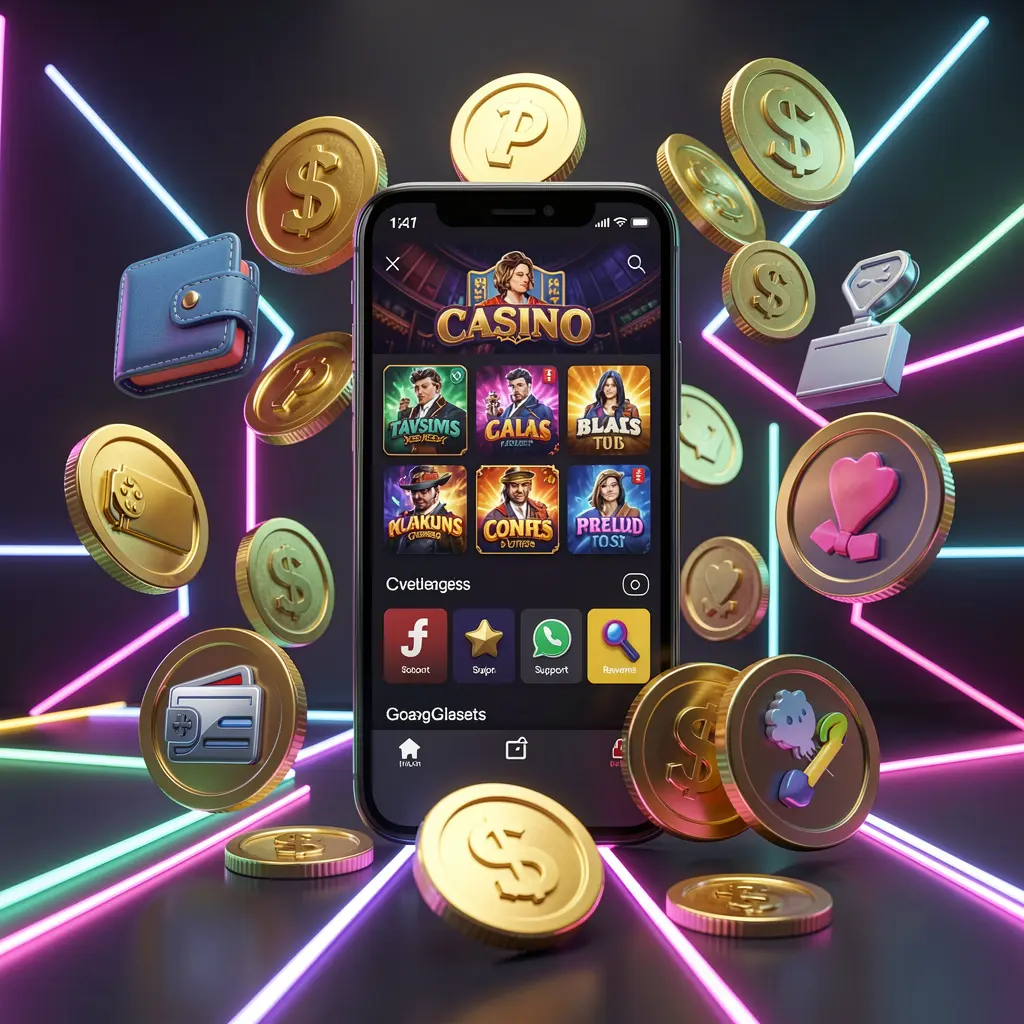 B880 online casino app features displayed on a smartphone surrounded by icons for wallet, games, support, and rewards with golden coins and neon lights in a luxury 3D render