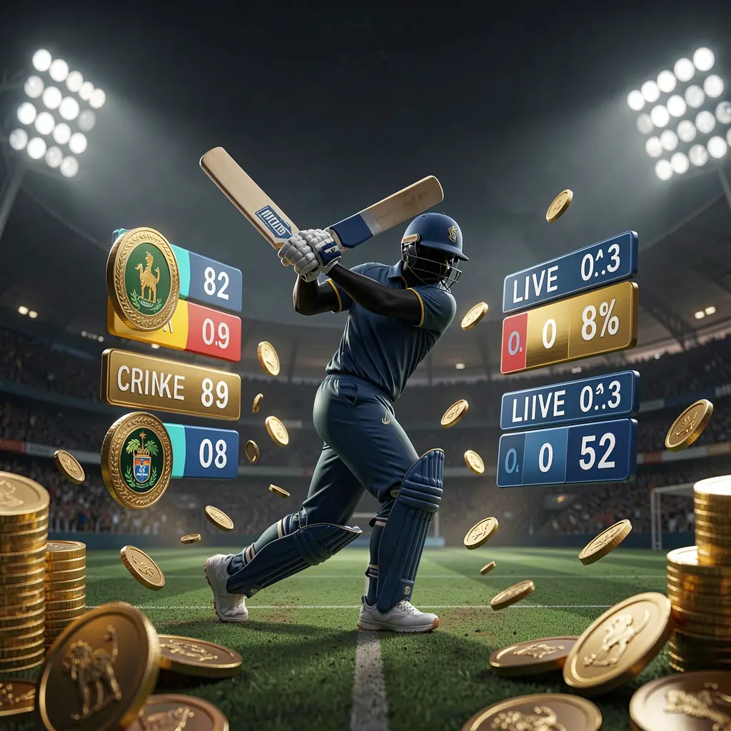 B880 live cricket odds visual featuring a cricket player silhouette batting under stadium lights with floating odds graphics and golden coins on a premium dark sports background