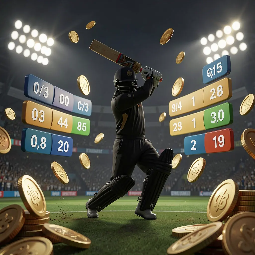 B880 live cricket odds visual featuring a cricket player silhouette batting under stadium lights with floating odds graphics and golden coins on a premium dark sports background