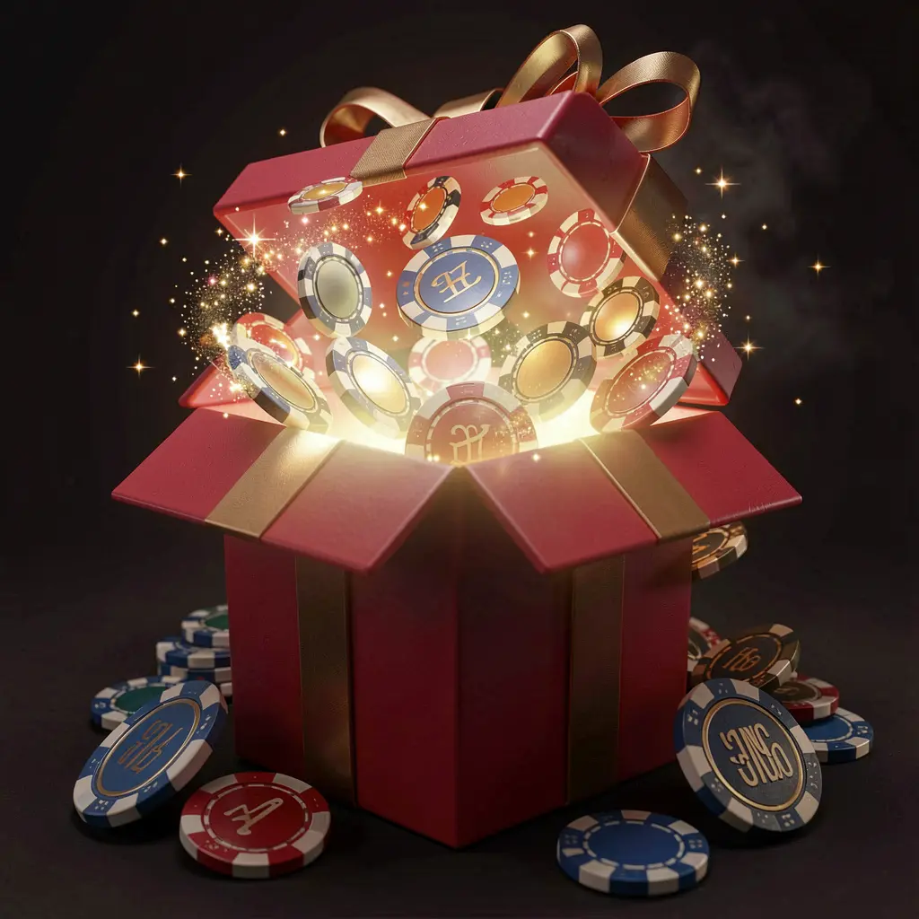 B880 no deposit bonus visual showing free casino chips emerging from a glowing gift box with magical sparkles against a dark premium background in a realistic 3D render