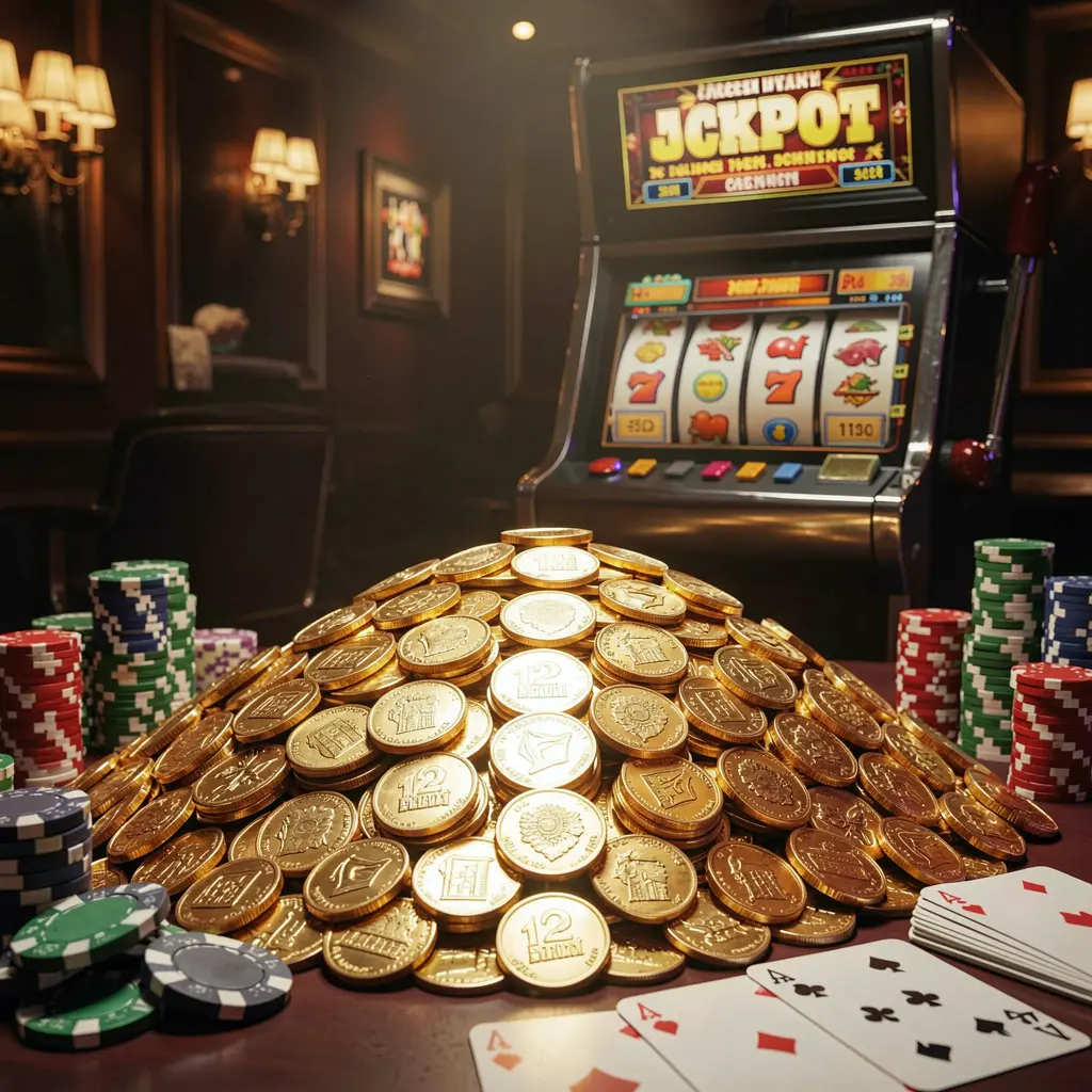 B880 jackpot bonus scene featuring a huge pile of golden coins, a slot machine in the background, poker chips, and playing cards under cinematic luxury lighting