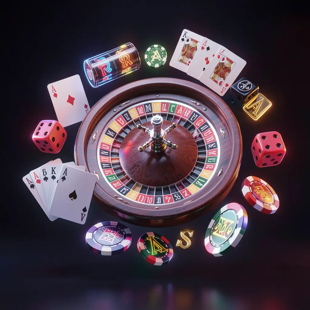 B880 online casino games collection featuring a roulette wheel, blackjack cards, dice, slot symbols, and poker chips floating together with neon glow in a premium 3D render