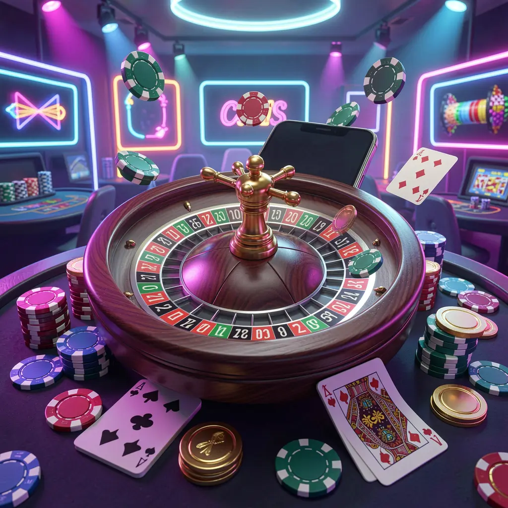 B880 mobile casino experience showing a smartphone surrounded by a roulette wheel, chips, cards, and coins in a bright neon casino atmosphere