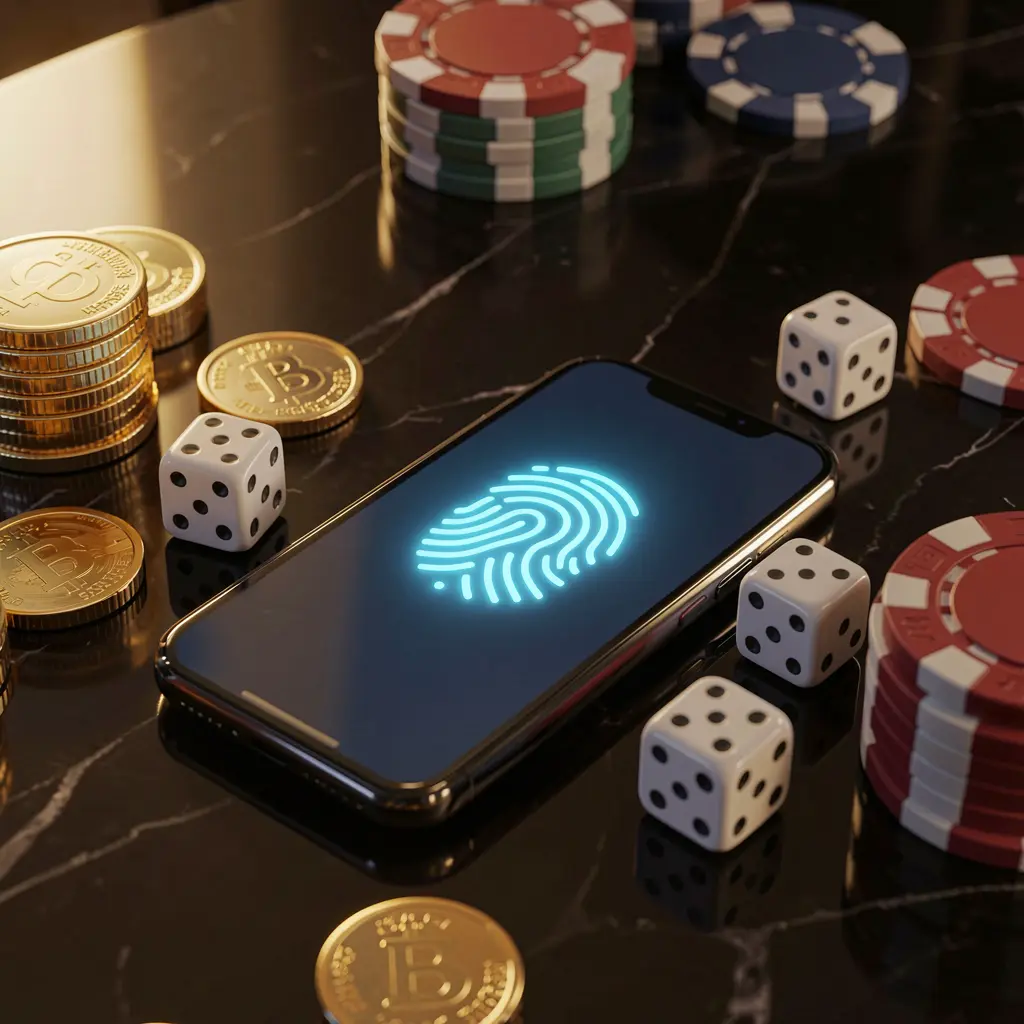 B880 online gaming account access scene showing a smartphone with a glowing fingerprint icon, golden coins, dice, and poker chips on a glossy table under cinematic lighting B880 online gaming account access scene showing a smartphone with a glowing fingerprint icon, golden coins, dice, and poker chips on a glossy table under cinematic lighting
