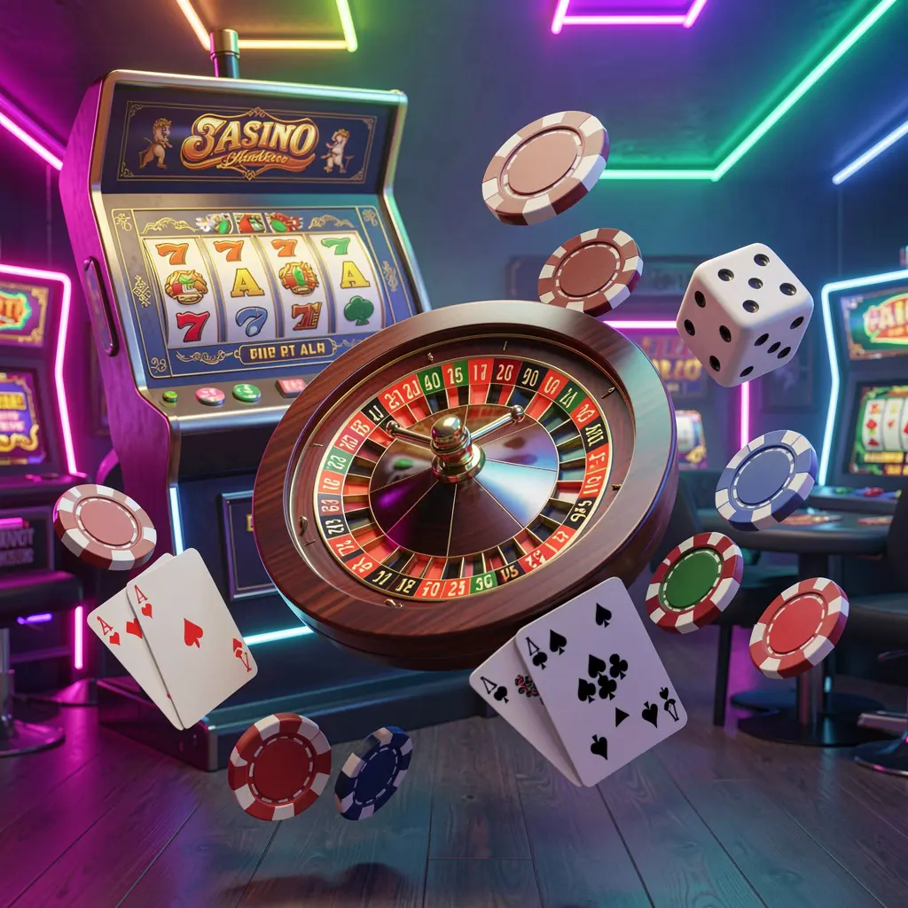 B880 casino games collection homepage visual featuring a slot machine, roulette wheel, dice, playing cards, and poker chips floating together with colorful neon lights in a premium 3D render